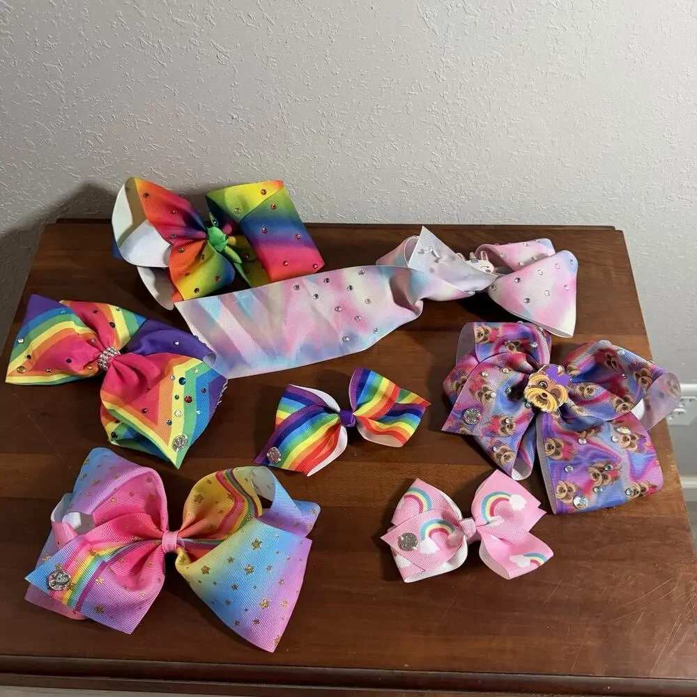 Lot of 7 Jojo Siwa Rainbow Multi Color Clip In Bows 5 Large, 2 Medium Size Girly